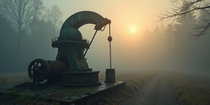 A weathered, green metal well with a rusty chain and bucket, surrounded by trees in the distance