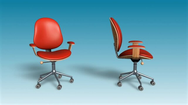 Office chairs roll past with loopable section from 7.5 to 10 seconds. 3D render. For work and recruitment concepts.