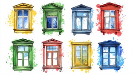 Fototapeta premium Colorful Vintage Windows Set Handdrawn Style Sketchy Illustration