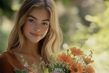 Naklejka premium Femme blonde avec un bouquet de fleurs