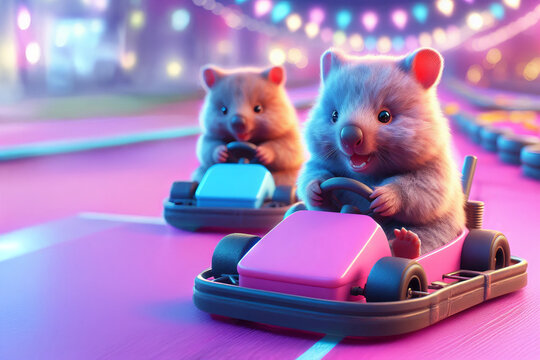 Two wombats driving toy race cars on a vibrant, colorful race track with motion blur and festive lights. Digital illustration. Fun and playful competition concept. Design for poster, banner, card
