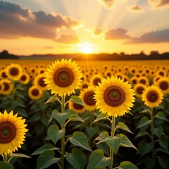 Fototapeta premium A field of sunflowers at sunset