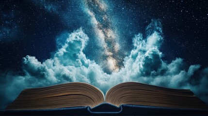 Open book, night sky, clouds, milky way, fantasy, reading, imagination, learning, story, education