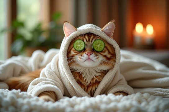 Relaxing feline enjoys spa day, surrounded by serenity