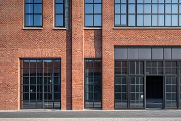 Obraz premium Brick building exterior with large windows showcasing modern architectural design located in an urban setting during daylight hours