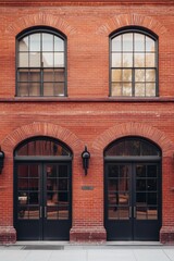 Fototapeta premium Beautiful red brick building with arched windows and black doors situated in an urban environment during daylight hours showcasing impressive architecture