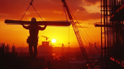 Construction worker carries beam, sunset, cityscape backdrop, safety