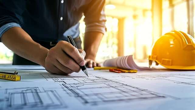 An architect in a bright studio, standing over a table filled with blueprints, cost breakdowns, and drafting tools, deep in thought.