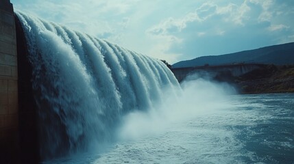 Dam waterfall, mountain river, hydroelectric power, energy generation