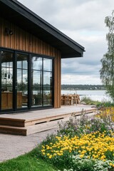 Fototapeta premium A contemporary wooden house boasting stunning views of a tranquil lake, surrounded by a vibrant garden, all set in a peaceful natural landscape under a cloudy sky