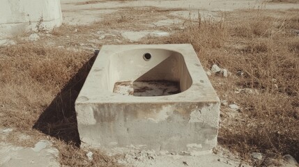 Abandoned concrete bathtub outdoors in dry grass.