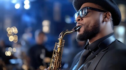 A talented saxophonist captivates the audience with a soulful performance at a vibrant jazz event. The atmosphere is lively, filled with enchanting lights, creating a magical evening ambiance