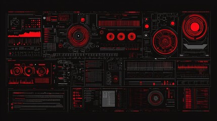 Fototapeta premium Red digital interface screen, futuristic HUD, dark background, system monitoring, tech design
