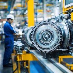 Fototapeta premium Factory worker inspecting industrial gear assembly line