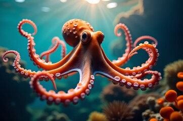 Mysterious octopus in the depths of the ocean, its tentacles stretching out like a ghostly hand