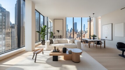 Fototapeta premium Luxurious Manhattan apartment living room, city view, sunlight