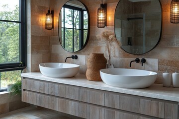 Minimalist Modern Bathroom with Dual Sinks and Oval Mirrors in Wood, Bright and Airy Interior