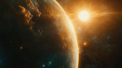Naklejka premium Planet sunrise, space, cosmic dust, nebula background, science fiction
