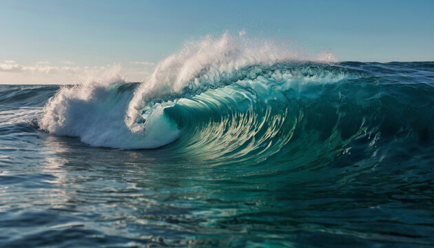 Powerful ocean wave, curling turquoise water, cresting wave barrel, sea spray, sunlight glinting on water, dynamic ocean motion, crystal clear seawater, vibrant blue sky,