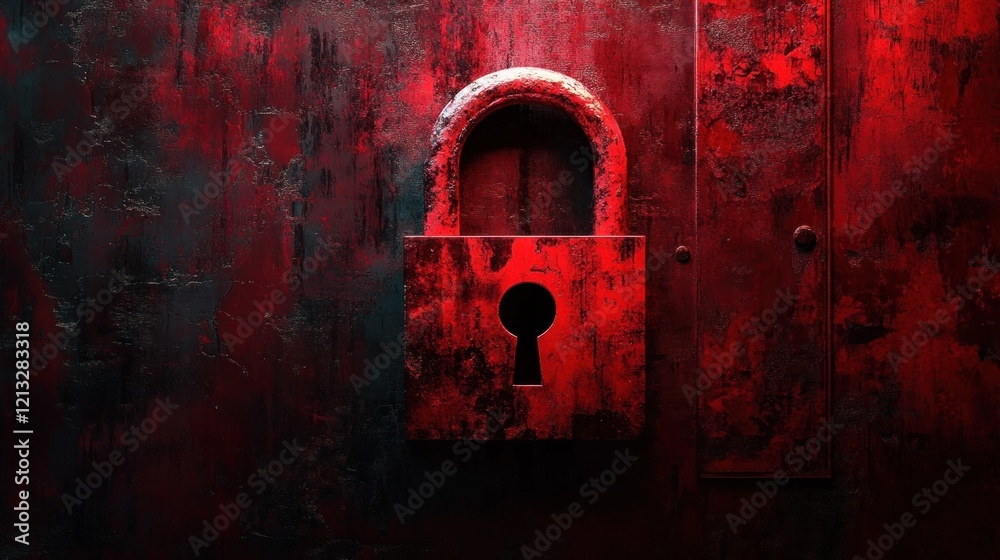 Poster Hacking Concept with Red Lock Symbol Against Dark Background Highlighting Cybersecurity and Threat Awareness