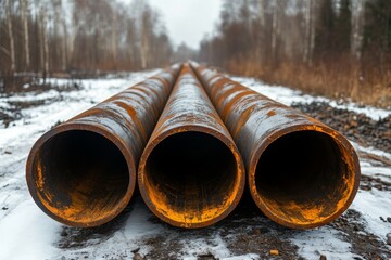 Rusty pipes arranged on snow-covered ground in a cold outdoor environment. Generative AI