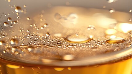 Golden liquid condensation close-up, blurry background, beverage advertisement
