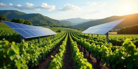 A vineyard with solar panels, generating clean energy and promoting sustainability