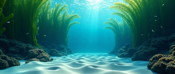 Underwater scene with seaweed and fish