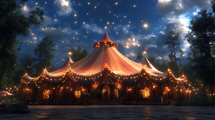 Enchanting circus tent under a starlit night sky.  Perfect for fairytale, fantasy, or event themes.  Evocative and magical atmosphere, ideal for websites, book covers, and advertising.