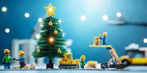 Fototapeta premium Construction workers are seen erecting a large Christmas tree.