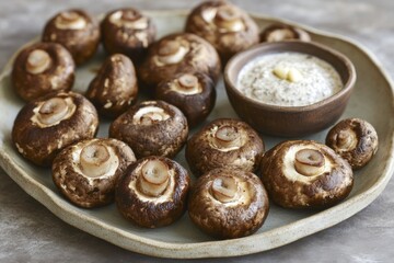 Fototapeta premium Roasted porcini mushrooms with creamy garlic dip on rustic plate