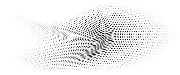 Flowing Wave Dot Halftone Pattern: Curve Gradient Shape on Transparent Background. Suitable for AI, Tech, Network, Digital, Science, and Technology Themes.