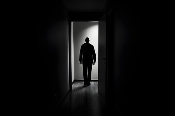 A figure in a dark room slowly stepping into a brightly lit hallway, symbolizing progress and mental healing.


