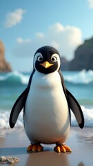 Naklejka premium A cartoon penguin stands on a beach, its flippers at its sides, with a sunny day and blue sky in the background
