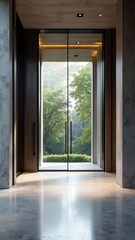 Fototapeta premium A sleek glass door leads to a serene garden, inviting a sense of calm and connection with nature