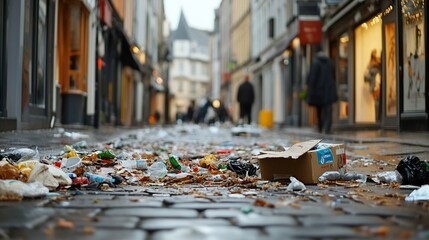 City street littered with trash, pedestrians, autumn
