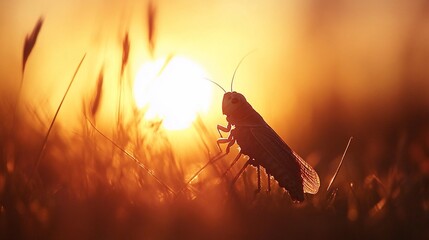 Fototapeta premium Grasshopper sunset silhouette, field, nature, postcard
