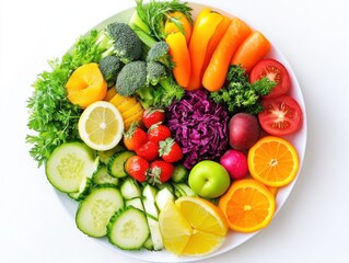 A vibrant plate of fresh vegetables and fruits, showcasing a balanced and colorful vegetarian meal, focusing on the health benefits of plant-based diets