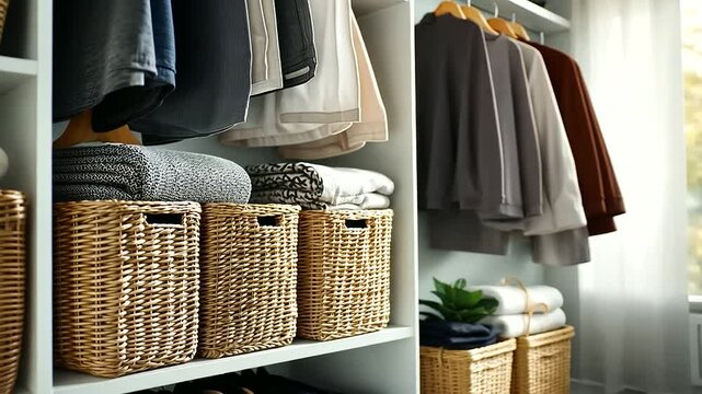 A bright living space featuring shelves lined with woven wicker baskets and patterned fabric boxes, neatly storing clothes and blankets for a clean look.