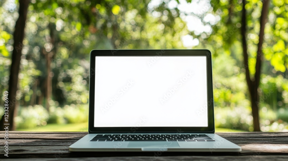 Aufkleber a laptop with a blank screen rests on a rustic wooden table surrounded by lush greenery. sunlight fi