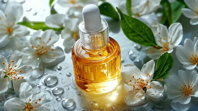 Discovering the soothing serenity of nature with a golden elixir surrounded by delicate blossoms and tranquil water droplets. Generative AI