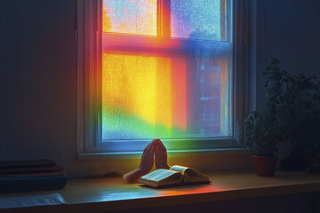 Vibrant rainbow light on window illuminating prayer and open book in tranquil room
