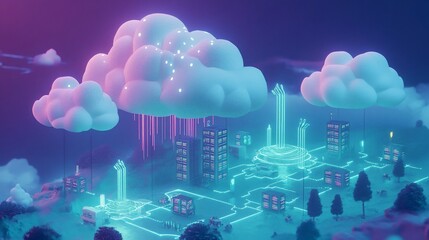 Neon Cityscape Cloud Data Rain, Futuristic Network