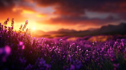Lavender Sunset: A Serene Field of Purple at Golden Hour