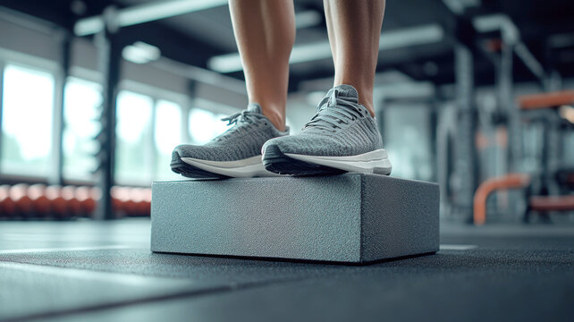 Close up of athletic training shoes on plyometric box in gym for fitness and workout - Powered by Adobe
