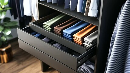 A sleek storage drawer featuring rows of color-coordinated clothes, perfectly folded and categorized by type, demonstrating an effective organizational method.