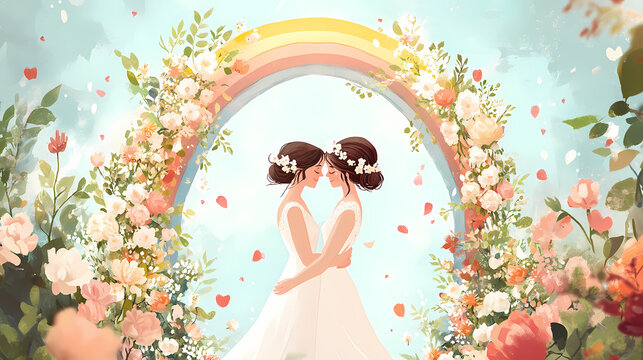 A wedding scene with two brides embracing under an archway adorned with flowers, with a rainbow subtly woven into the decor. Rainbow Archway. Illustration
