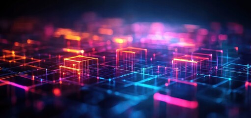 Obraz premium Futuristic Digital Landscape with Glowing Geometric Shapes in Cyberpunk Style