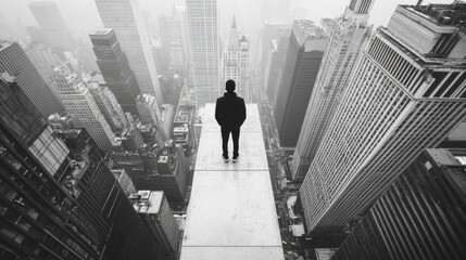 Man standing on skyscraper rooftop, overlooking city.