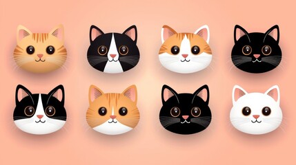 Fototapeta premium Hand-drawn vector cat faces with a focus on flat design, featuring charming patterns, rounded features, and creative use of color gradients